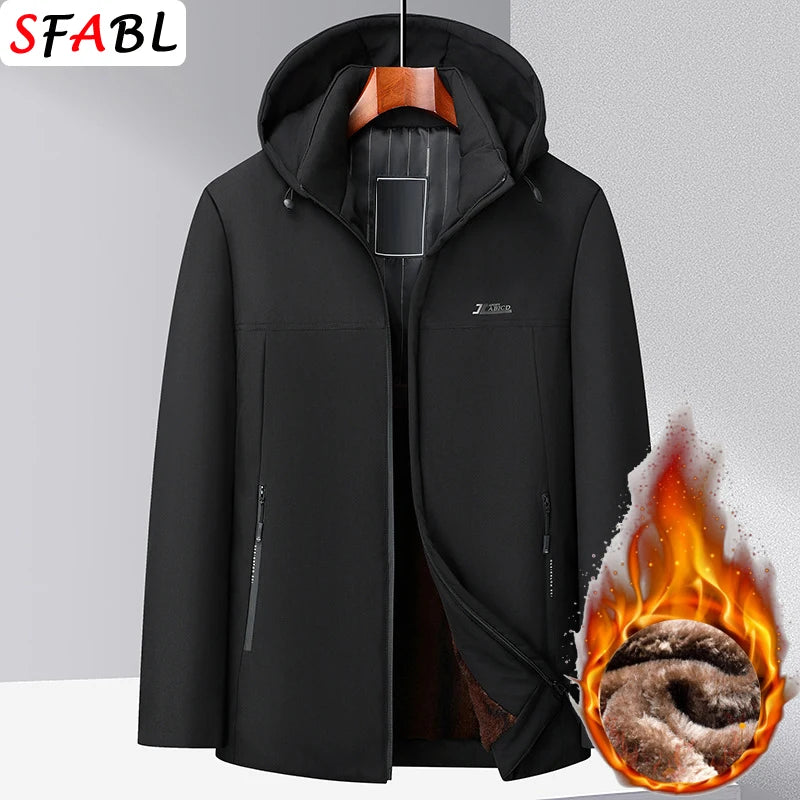 New Hooded Fleece Lining Men's Winter Jacket Coat Parka With Zipper Pockets Korean Winter Jackets for Men's Winter Coats Black