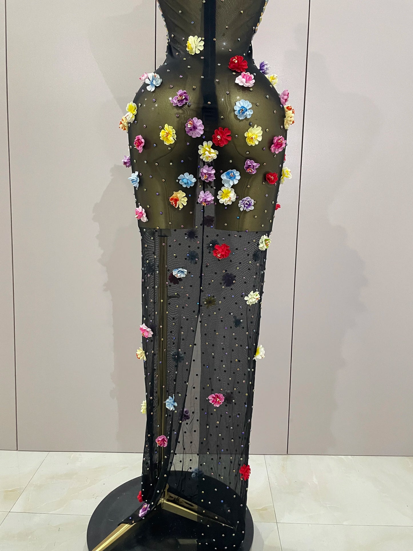 Sparkly Rhinestones Flowers Sexy See Through Long Dress 2025Women Birthday Celebrate Wedding Evening Prom Dress Photo Shoot Wear