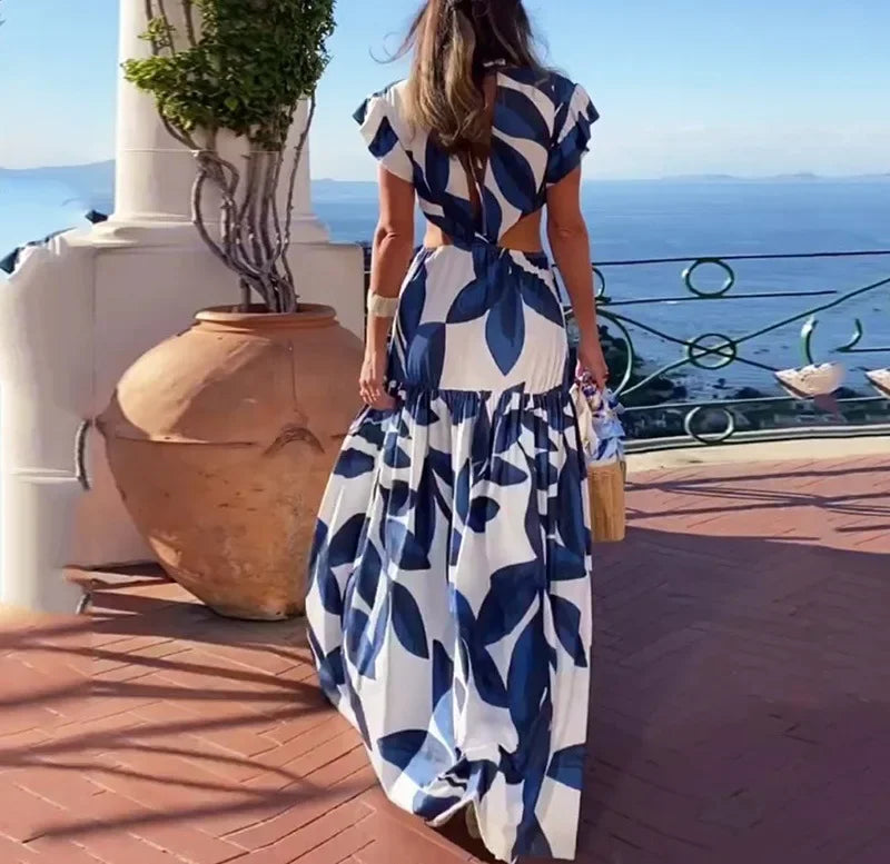 Women's V-Neck Printed Dress Flower Print New Casual Ruffled Short Sleeves Long Dress Swing Bohemian Retro Dress Women Clothing