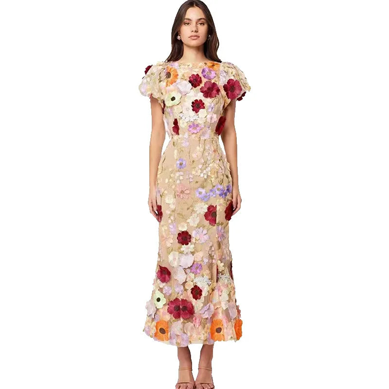Women Long Dress Commuter Round Neck Embroidered Three-dimensional Floral Puff Sleeves Elegant High Waist Wrap The Buttocks
