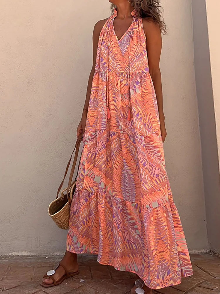 Summer Beach Style Women Ruffles Dress Patchwork Backless Off Shoulder Lady Long Dress Holiday Casual Loose Sleeveless Dresses