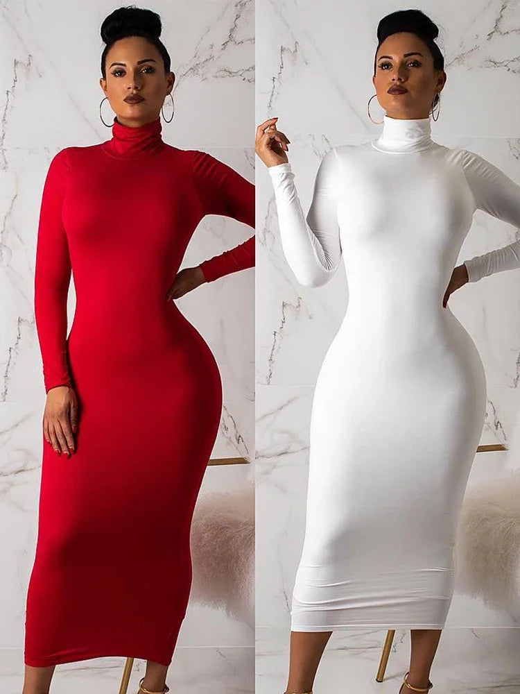 New Winter Longuette Long-Sleeved Elastic Force Slim High Collar Slim Long Dress
