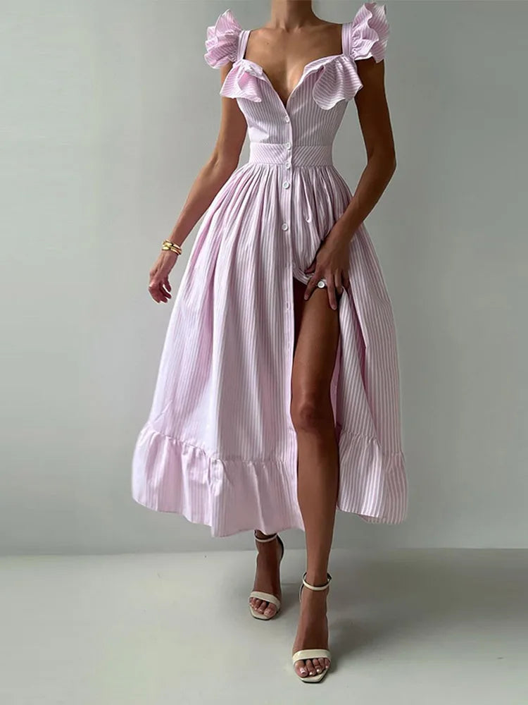 Flying Sleeve Ruffle Striped Slip Long Dress Women Elegant Square Collar Waist Cinching Pleat Party Dresses Chic Ladies Vestido