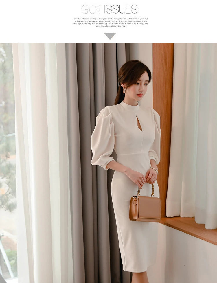 H Han Queen Hot sale Autumn Fashion Stand Collar Puff Sleeve Female Pencil bodycon Dress Slim Solid color Midi Casual Dresses