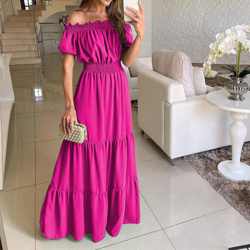 Women's Dress One-line Collar Spring And Summer Short-sleeved New Green Long Dress Fashion Casual Loose Beach Party Dresses Robe