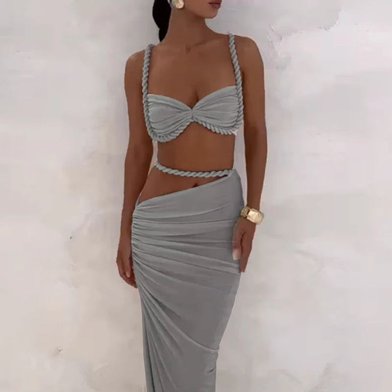 Spring Summer Women's Bikini Set 2 Piece High Waist Wrap Swimsuit Halter Wrap Swim Skirts + Suspender Bra Bathing Suit Beachwear