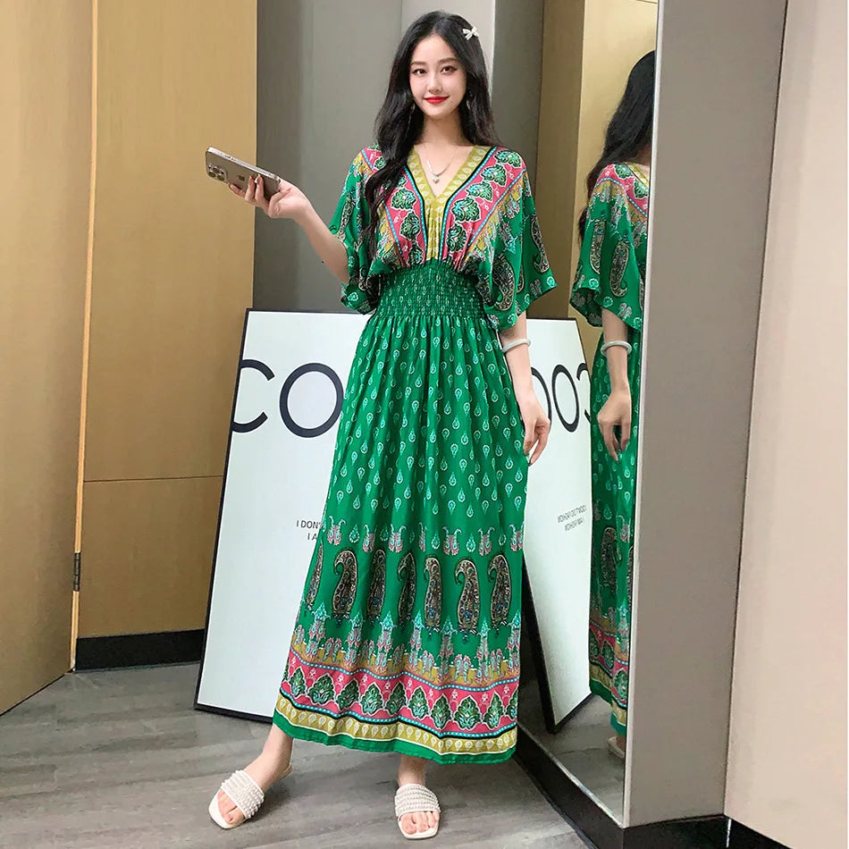 V-neck Large Skirt Hem Casual Sweet Holiday Long Dress Bat Sleeves Elastic Waist Bohemian Print Floral Elegant Dresse For Women