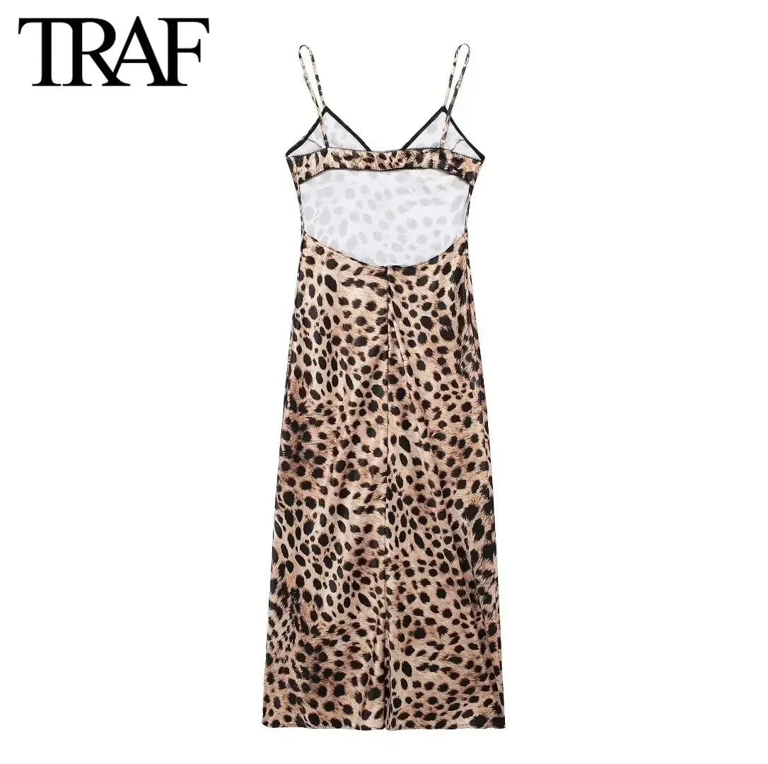 TRAF Women Fashion Summer New Underwear Backless Satin Texture Leopard Print Long Dress Chic Female French Elegance Evening