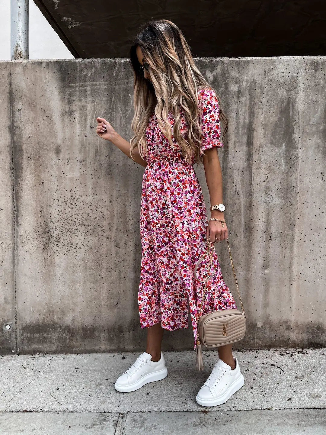 Summer Floral Print Dress Women V Neck Side Slit Long Dress Elegant Short Sleeve Button Slim Spring Female Party Dress Vestidos