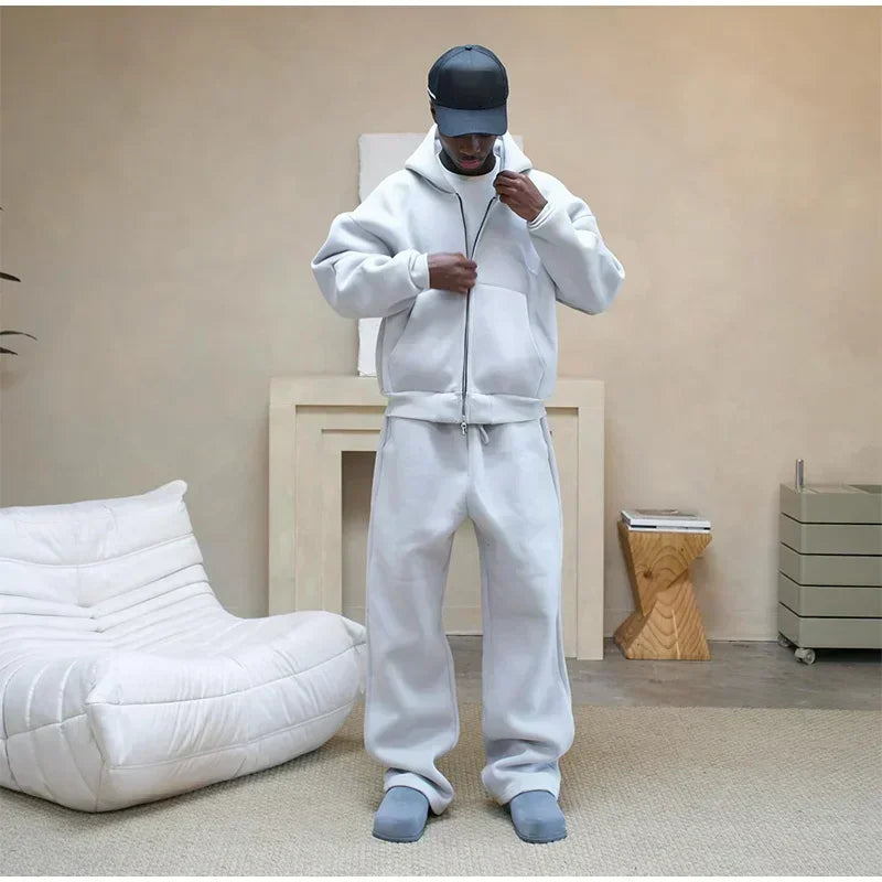 Korean Fashion Solid Color Sweatshirt Fleece Two-Piece Men's Y2K New Harajuku Casual Joker Straight Pants Couple Street Wear