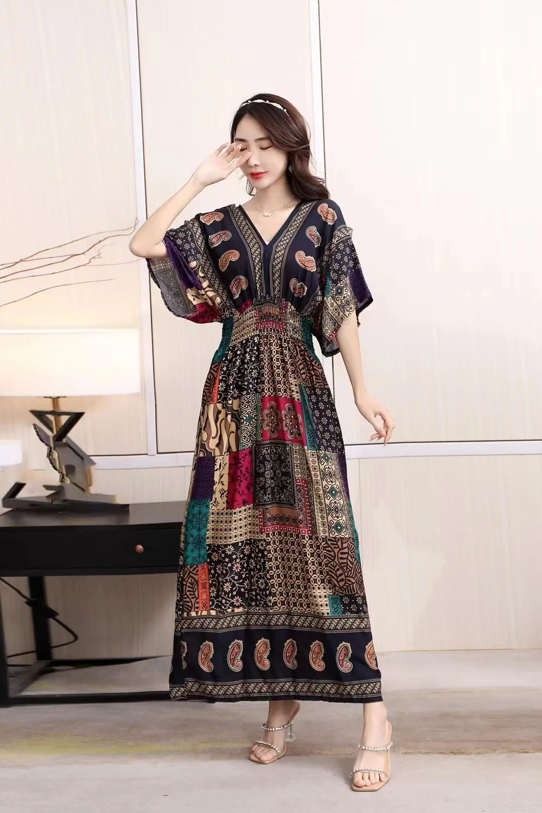 V-neck Large Skirt Hem Casual Sweet Holiday Long Dress Bat Sleeves Elastic Waist Bohemian Print Floral Elegant Dresse For Women