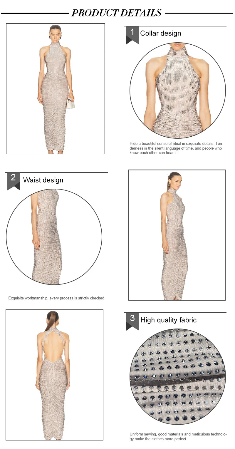 VC Halter Neck Backless Diamonds Long Dress For Women Sleeveless Folds Slim Formal Elegant Celebrity Cocktail Party Gown Vestido