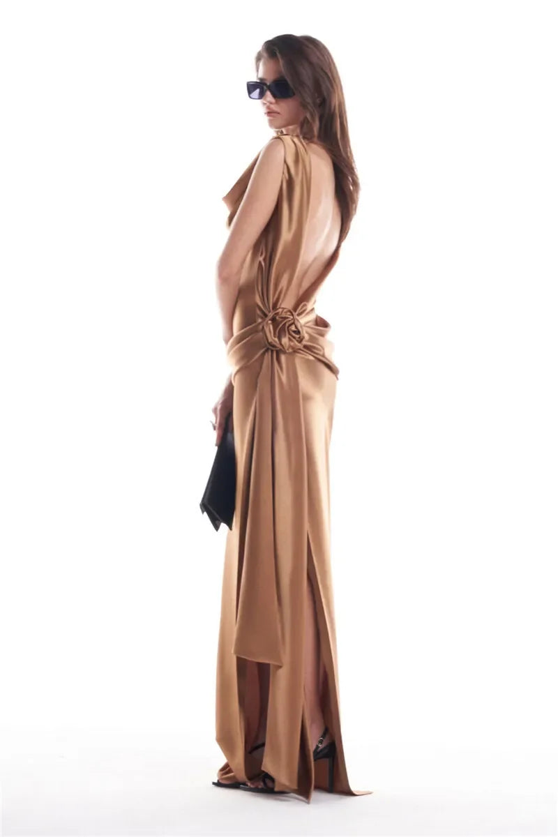 2025 Satin Backless Sexy Long Dress for Women Elegant Rose Thigh High Waist Beach Holiday Gorgeous Club