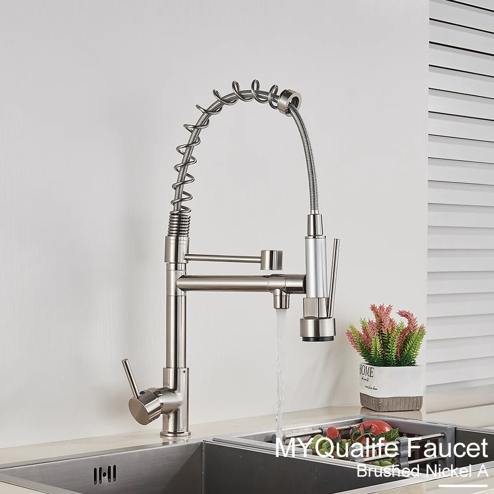 Black Pull Down Kitchen Sink Faucet Hot Cold Water Mixer Crane Tap with Dual Spout 360 Rotation High Faucet Deck Mounted