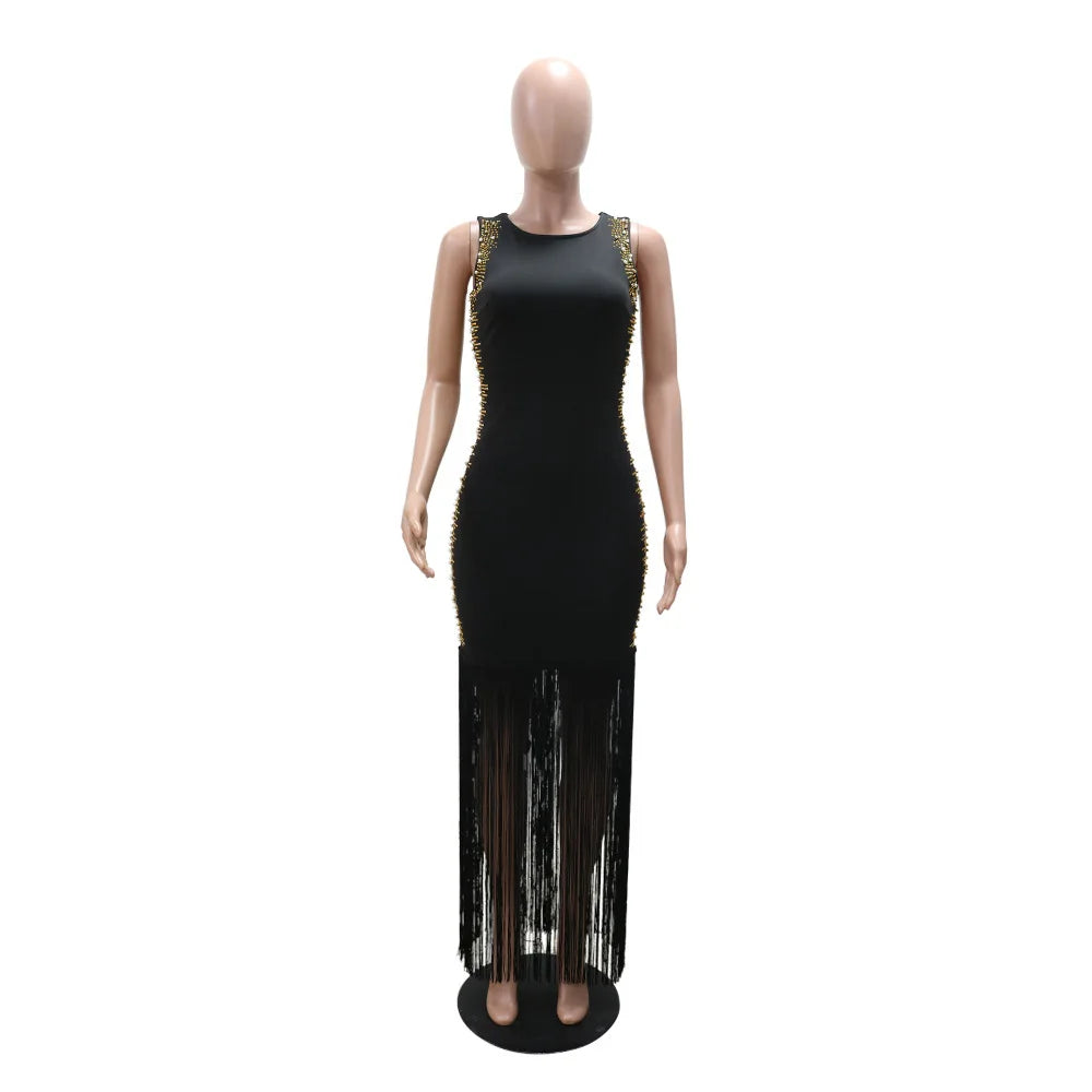 CM.YAYA Fall Diamonds Hot Rhinestones Tassel O-neck Women Sleeveless Bodycon Long Dress Birthday Party Evening Prom Maxi Dresses