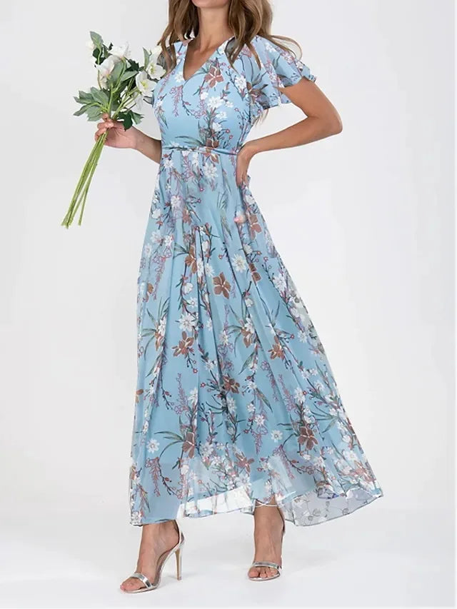 Beach Holiday Chiffon Midi Dress Women Fashion V-neck Short Sleeve Dresses For Women 2024 Summer Floral Print Long Dress Ladies