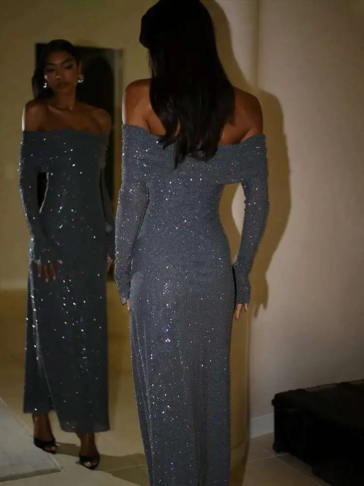Townlike Elegant Off Shoulder Maxi Long Dress Women 2023 Autumn Winter Dress Sparkle Glittar Nightclub Sexy Party Dresses