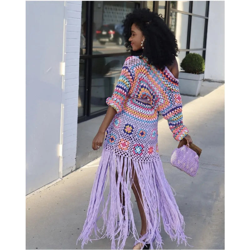 Crochet Knitted Women Cardigan Cover Ups Tassel Plaid Long Coat Bohemian 2023 Summer Beach Bikini Covers Sexy Hook Vestidos