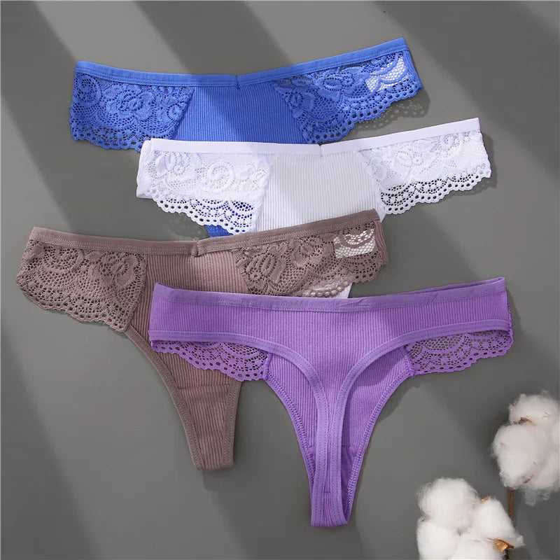 FINETOO 8Pcs Women's Cotton Underwear Lace Thongs Sexy Solid Color Low Waist Bikini Panties Ladies Breathable G-string Lingerie