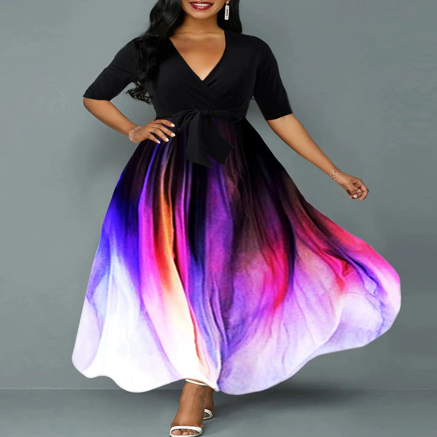 Plus Size Hot Sale Of The Season Elegant Printed Slim Fit Midi Dress with Belt Large Size Splice Long Dress Sexy Half Sleeve ...