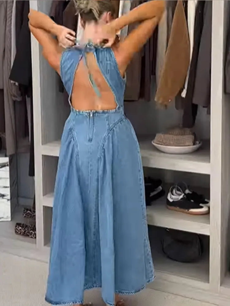 Women Blue Denim Pleated High Waist A-line Long Dress Sexy Backless Sleeveless Lace-up Vestidos Elegant Street Party Dresses