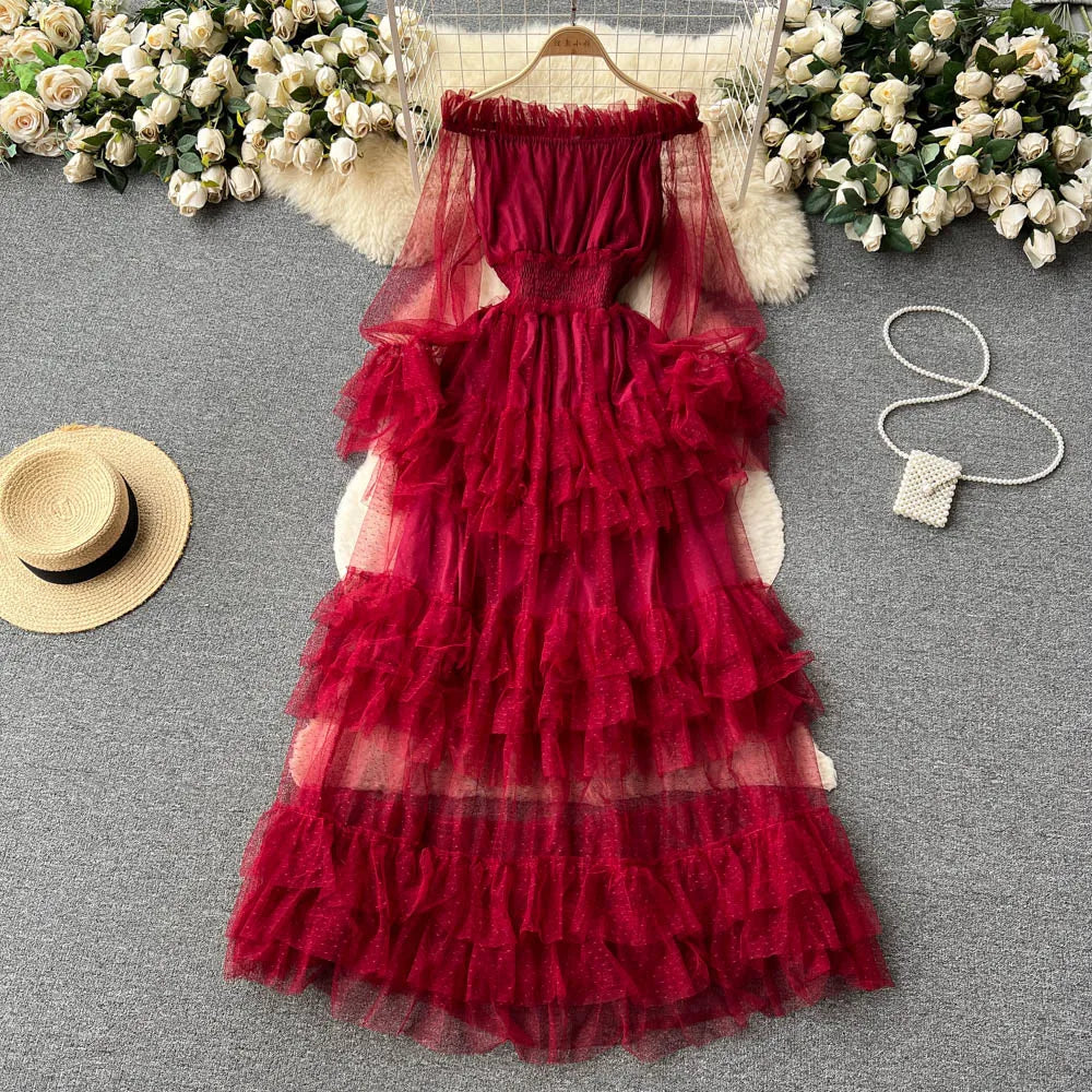 SINGREINY Mesh Party Long Dress Women Ruffle Long Sleeve Slash Neck Elastic Waist French Ladies Summer Elegant A Line Dresses