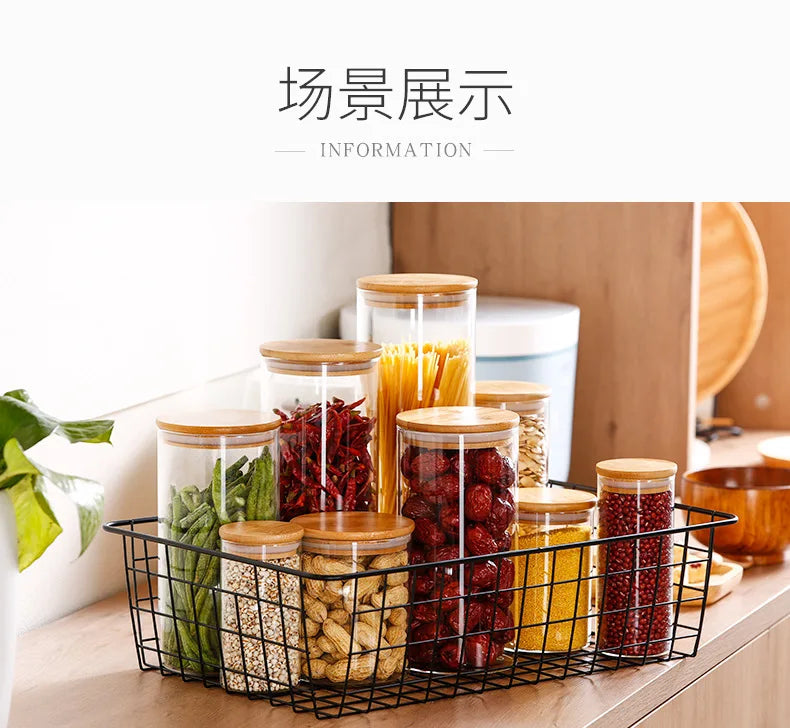 Kitchen Storage Tank Food Container Bambo Covered High Borosilicate Food Sealed Glass Tank Kitchen Miscellaneous Grain Organizer