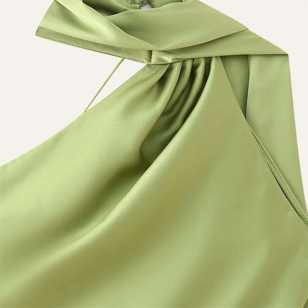 VEITCHE Elegant Women's Soft Silk Satin Long Dress Halter Backless Sleeveless Ribbon Maxi Dresses 2025 Summer Lady Party Gowns