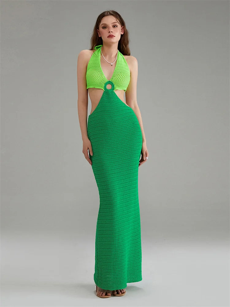 Y2K Cut Out Knitted Long Dress Women Contrast Sleeveless Halter V Neck Backless Dress Summer Bohemian Beach Sexy Dresses Female