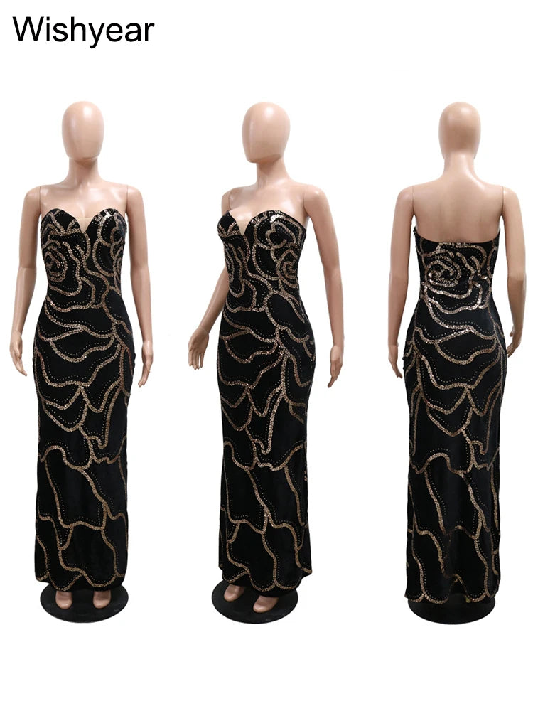 New Luxury Elegant Wedding Evening Guests Sequined Strapless Green Long Dress Women Sexy Sleeveless Birthday Party Prom Clubwear