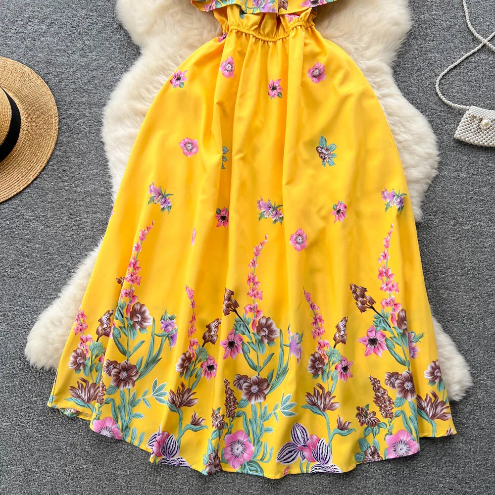 YuooMuoo 2025 New Fashion Floral Robe Print Long Dress Bohemian Women Summer Ruffle Maxi Sundress Elegant Party Vestidos