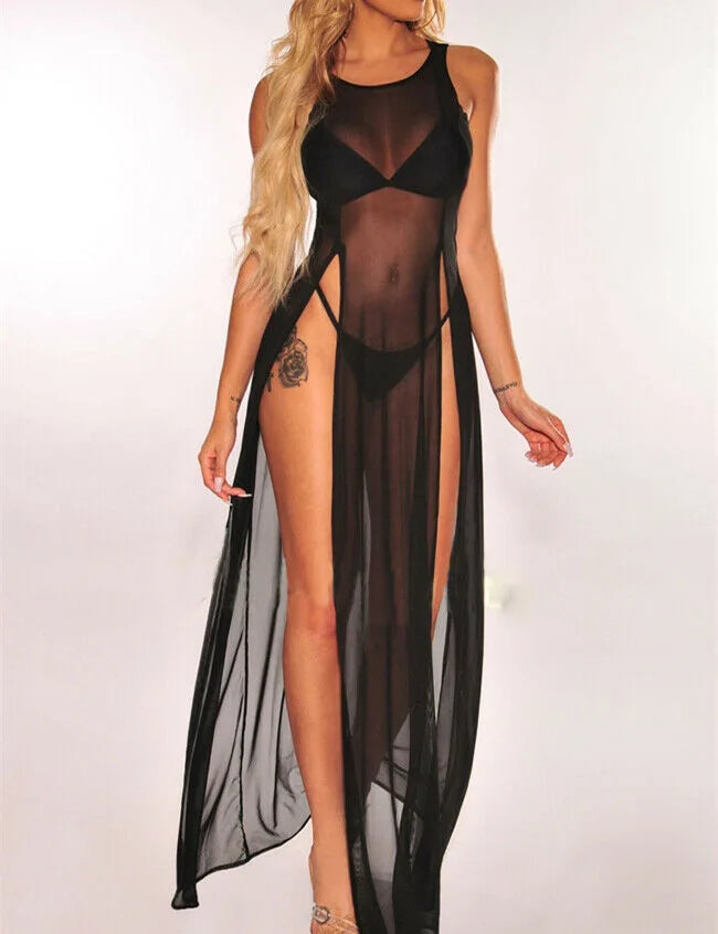 Lace O Mesh Neck Maxi Dress Mesh Lace Thin Transparent Sexy Women Slit Long Dress Elegant Women Fashion Sexy Women 7L7G
