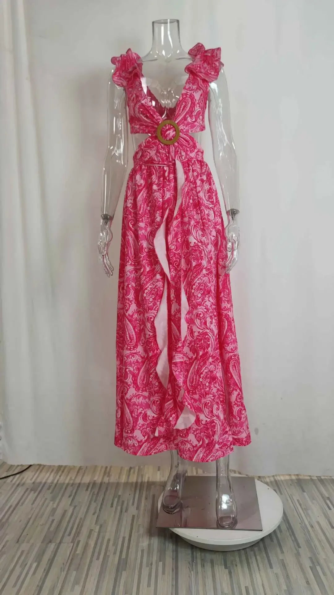 Summer Sexy Long Dress Women Fashion Floral Printed Deep V-neck Backless Beach Sundresses Casual Slim Slit Sleeveless Dress New