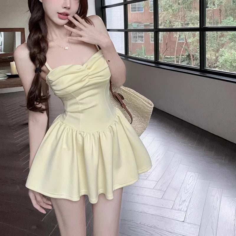 Sexy Spaghetti Strap Folded A-line Dress For Women's Summer Casual Dresses