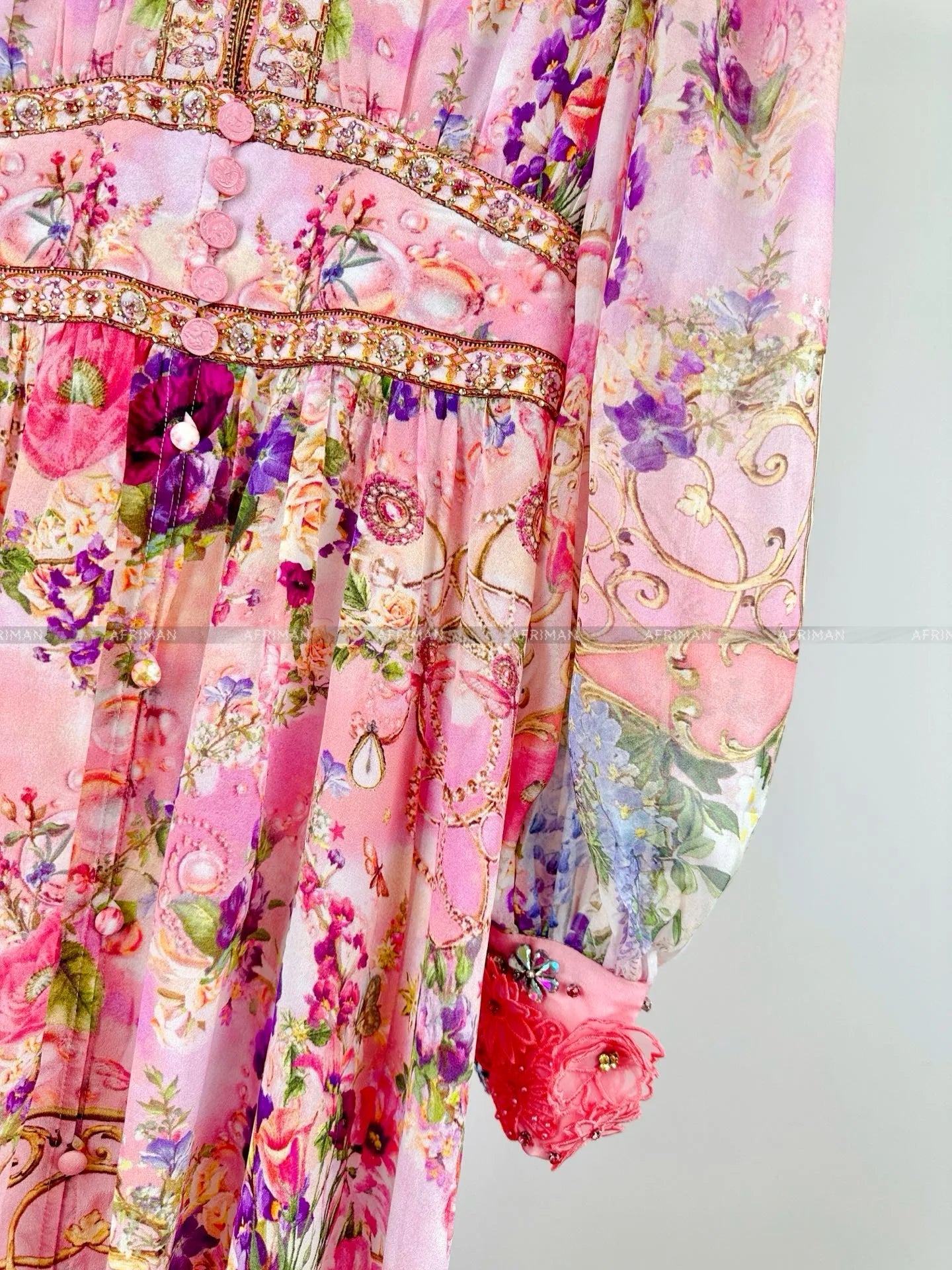 Women V Neck Crystal Beaded Pink Flower Print 3D Flower Embroidery Long Sleeve Silk Long Dress