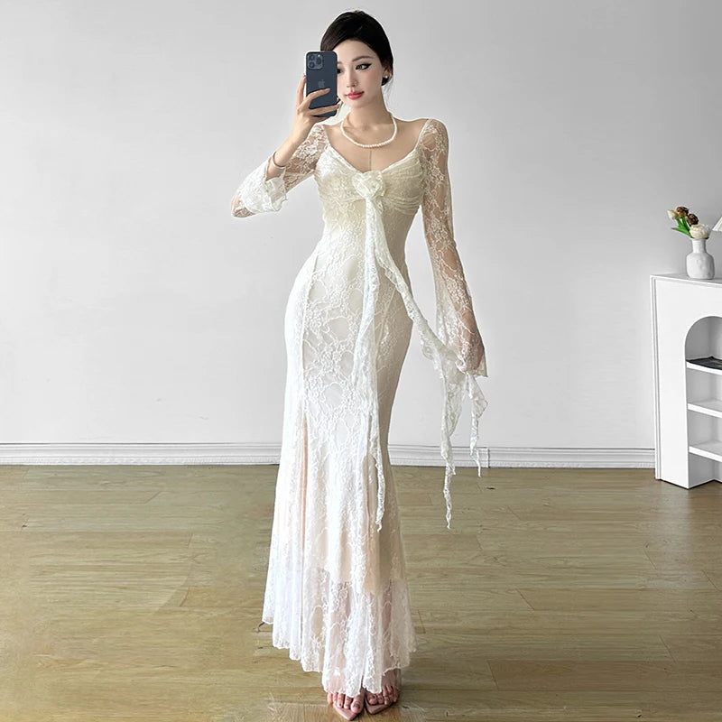 Sexy Lace Womens Dresses Summer Spring Fashion Elegant Evening Party Long Dress Birthday Prom Vestidos Female Clothing
