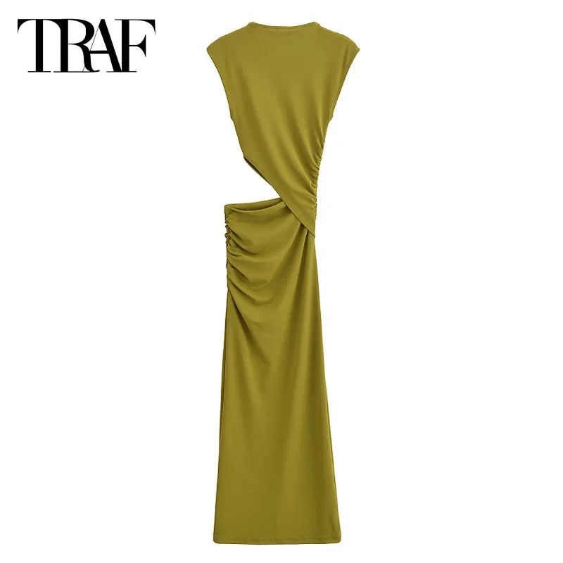 TRAF Women's Green Cut Out Midi Dress 2025 Spring Summer Sleeveless Long Dress Fashion Casual Party Evening Sexy Dress Vestidos