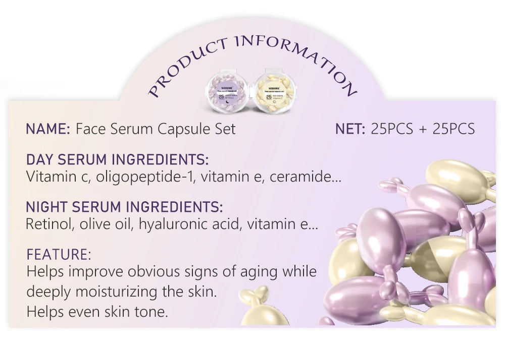 Anti Wrinkle Facial Serum Retinol Vitamin C Capsules Essence Anti-Wrinkle Firming Whitening Skin Care 50 Capsules