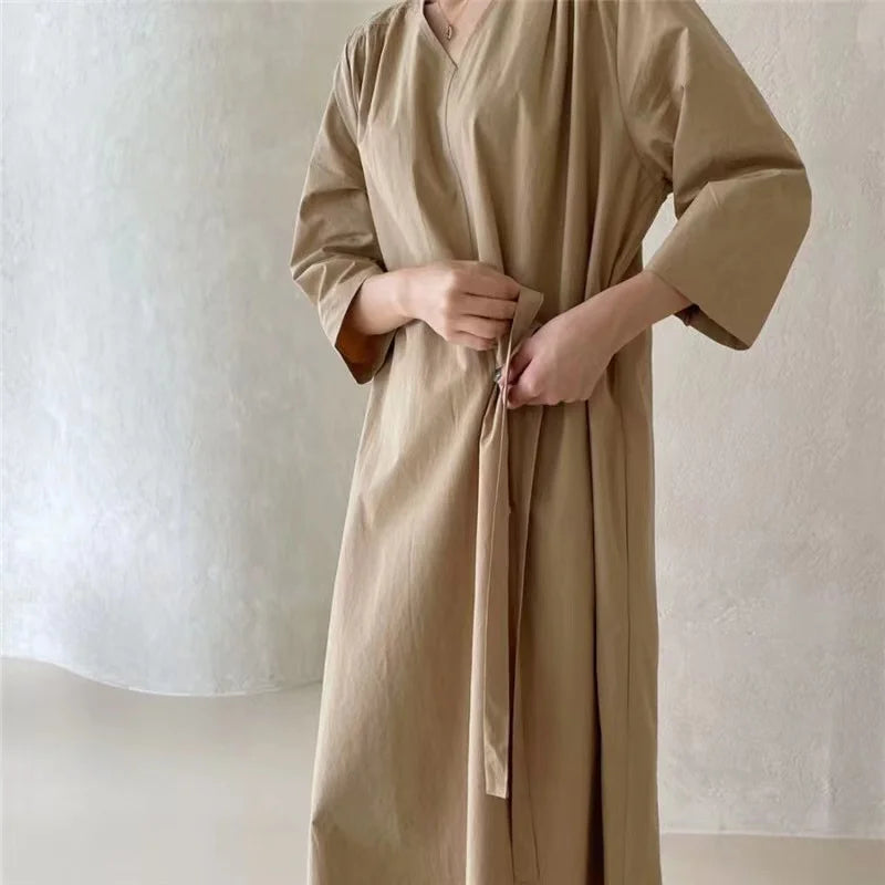 REALEFT 2024 New Summer Korean Vintage Women's Dresses Sashes Solid V-Neck Elegant Straight Loose Long Dress Female
