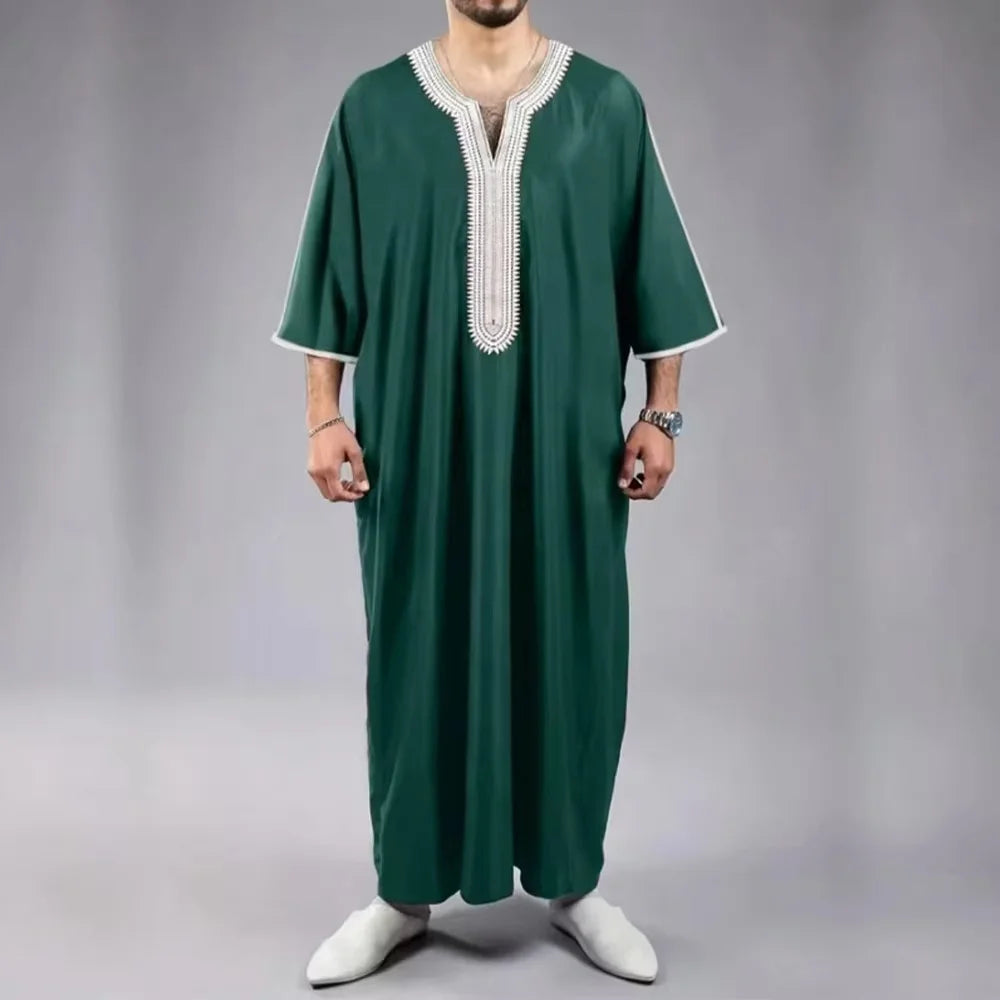 Muslim ethnic style men's long robe, Eid al Fitr formal attire, round neck embroidered men's robe, various colors men's robe