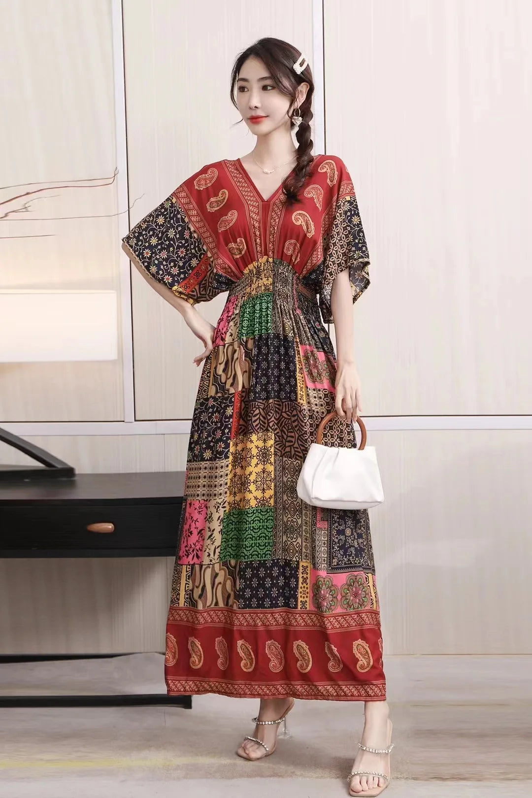 V-neck Large Skirt Hem Casual Sweet Holiday Long Dress Bat Sleeves Elastic Waist Bohemian Print Floral Elegant Dresse For Women