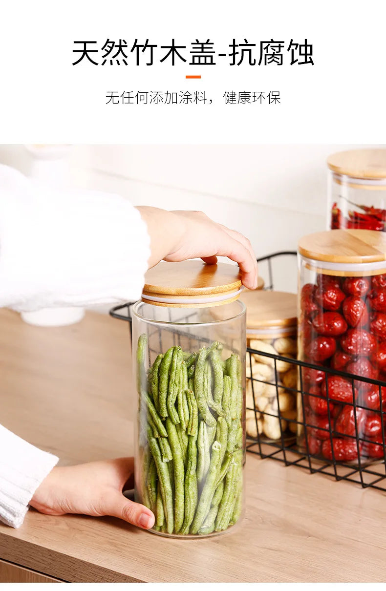Kitchen Storage Tank Food Container Bambo Covered High Borosilicate Food Sealed Glass Tank Kitchen Miscellaneous Grain Organizer