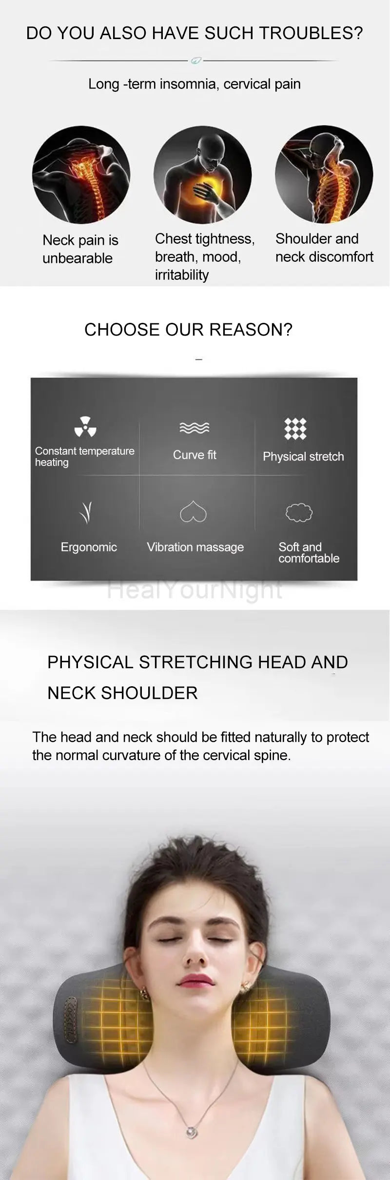 Electric Neck Massage Pillow Heating Vibration Neck Massager Back Cervical Traction Relax Sleeping Memory Foam Spine Support