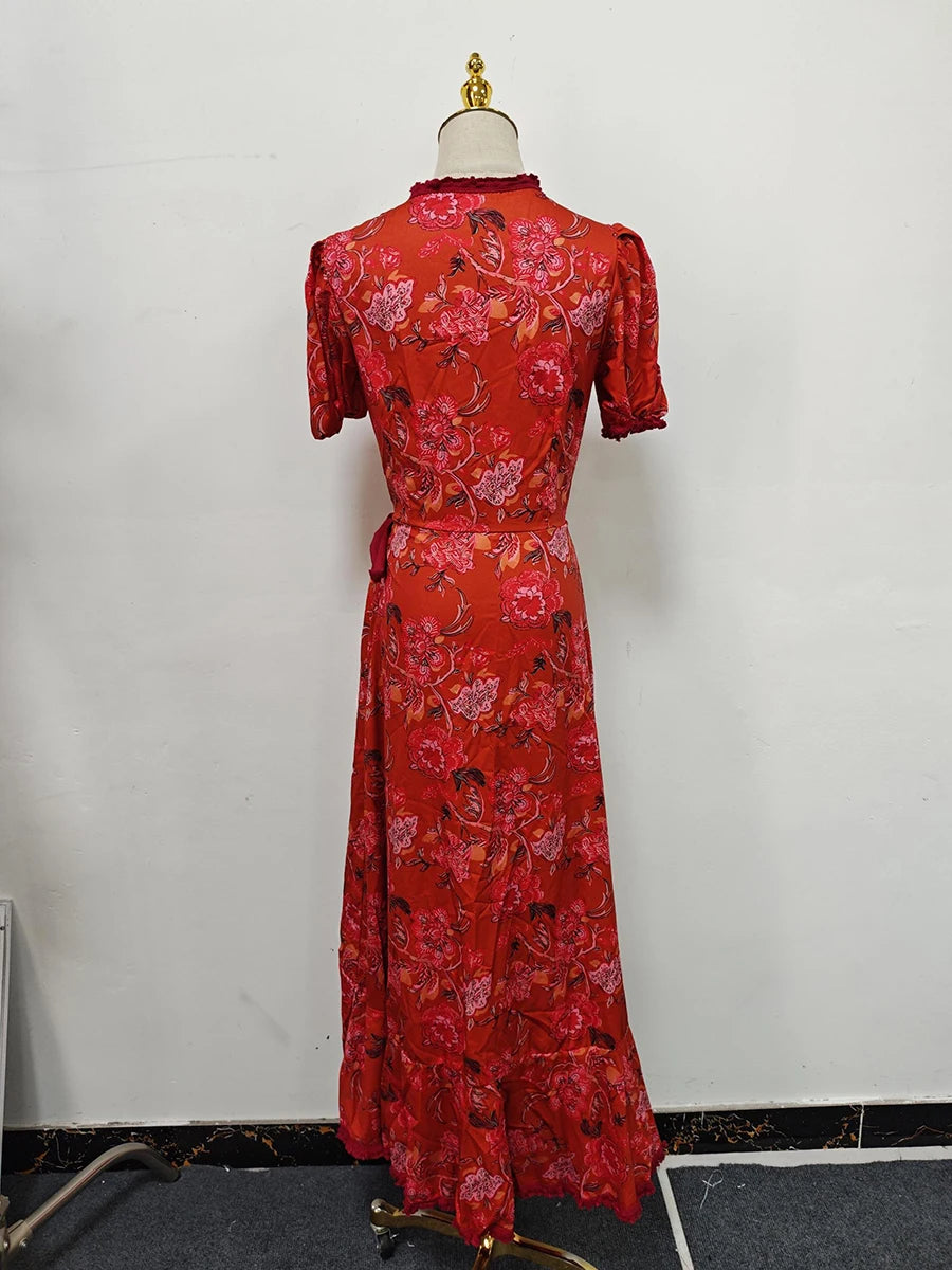 TWOTWINSTYLE Hit Color Elegant Patchwork Lace Up Long Dress For Women V Neck Lantern Sleeve High Waist Temperament Dresses New