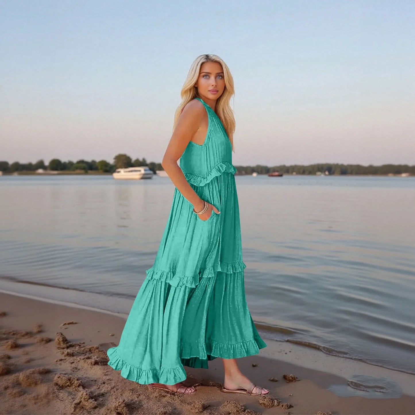 Women's Ruffled hem layered long dresses Summer Sleeveless backless dress Fashion Long Dress Big Swing Beach Dress vestidos