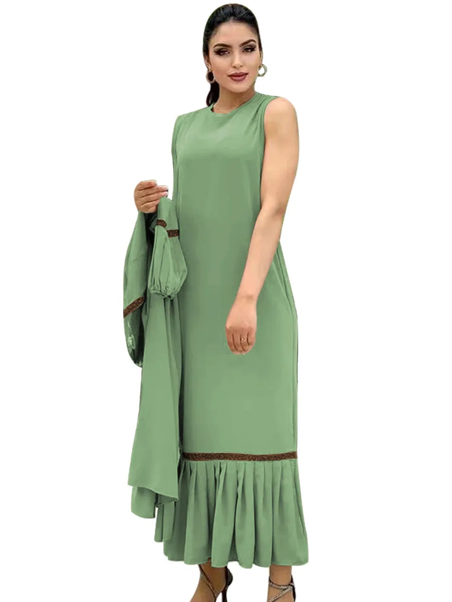 Muslim Women Hijab Dress 2 Piece Set Eid Lantern Sleeve Maxi Long Dress Islamic Clothing Caftan Kimono Big Swing Abaya Dresses