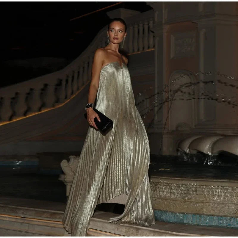 Elegant Pleat Long Dress Women Loose Tube Top Shiny Backless Sleeveless Dresses Female 2025 Summer Lady Party Evening Robes