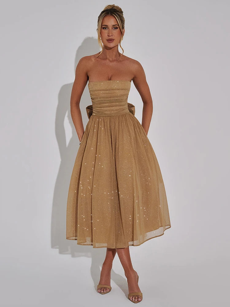 Mozision Off-shoulder Backless Bow Sexy Maxi Dress For Women Strapless Sleeveless A-line Loose Pleated Sexy Long Dress Clubwear