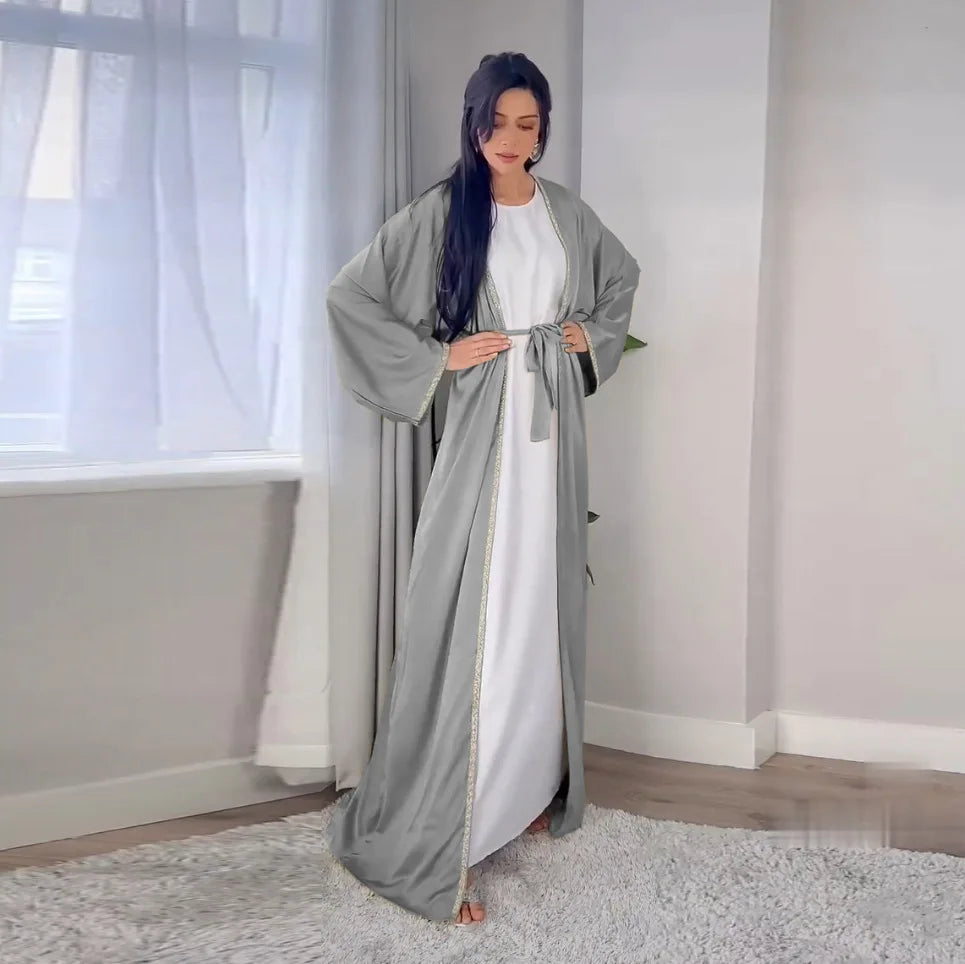 2024 Muslim Dress Diamond Women's Long Dress Fashion Long Sleeve Lace-up Long Abayas Casual Solid Color Clothes for Muslim Women