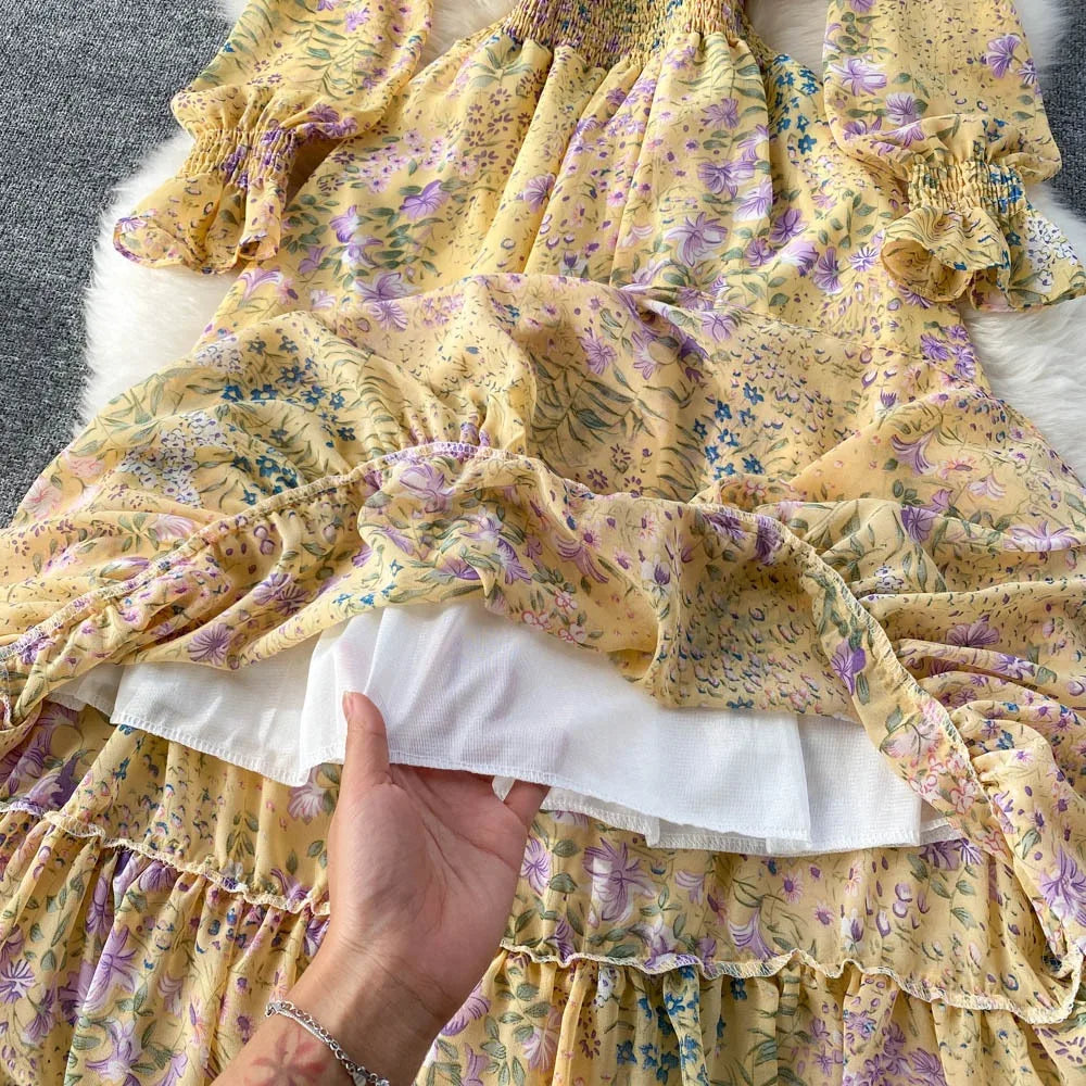 YuooMuoo 2025 Spring Summer Long Sleeve Chiffon Dresses Fashion Female Elastic Waist Pleated Long Dress Women Print Floral Dress